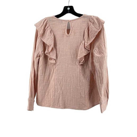 Lucky Brand Women's 100% Cotton Pink Linen Long Sleeve Ruffled Top Shirt Size S - Picture 4 of 9